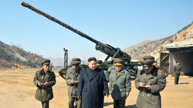 North Korean leader Kim Jong-Un at the long-range artillery sub-unit of the Korean People's Army Unit 641, whose mission is to strike Baengnyeong Island of South Korea.