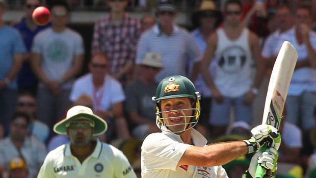 Australian batsman Ricky Ponting smacks a pull shot to bring up his double century.
