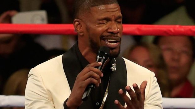Jamie Foxx singing the American national anthem before the welterweight unification championship bout between Floyd Mayweather Jnr and Manny Pacquiao.