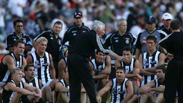 Colling card ... Mick Malthouse rallies his troops during the 2005 Anzac Day clash.
