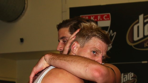 Nick Riewoldt  and Josh Bruce of the Saints celebrate.