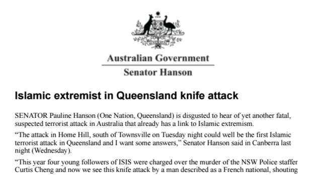 Press release from One Nation senator Pauline Hanson.