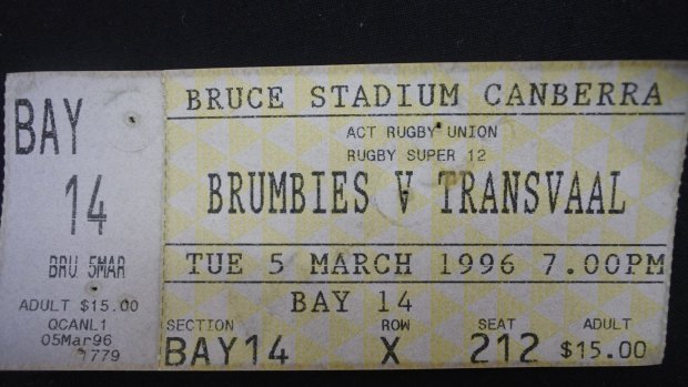 A ticket from the ACT Brumbies' first competition match against Transvaal in 1996.