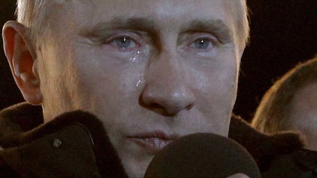 Emotions high &#8230; Vladimir Putin sheds a tear as he addresses his supporters outside the Kremlin following victory in Sunday's elections.