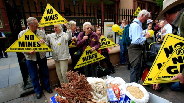 Famers and landowners from the Liverpool Plains protest outside State Parliament in June into coalmine exploration in their areas.