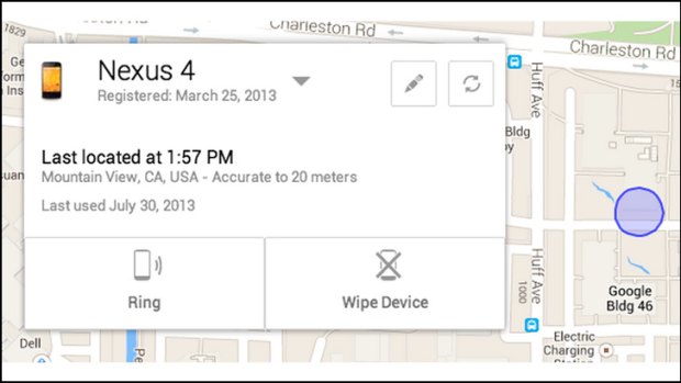 A screenshot of Google's Android Device Manager.
