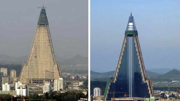 Before and after ... the Ryugyong Hotel, once dubbed 'the worst building in the history of mankind', has come back to life with a facade of shiny glass windows affixed to one side (right).