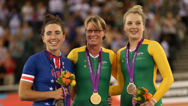 Gold medalist Susan Powell of Australia poses on the podium during the medal ceremony for the Women's Individual C4 Pursuit Cycling on day 1 of the London 2012 Paralympic Games at Velodrome in London.