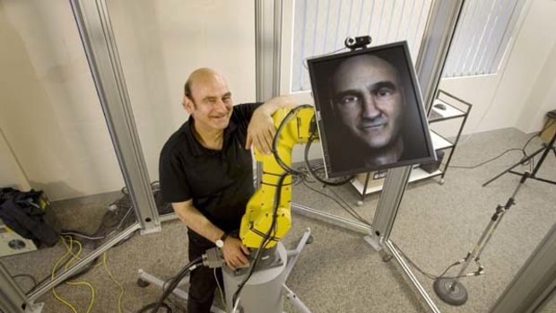 Picture this ...  the visual artist and performer known as Stelarc with his invention. It is designed to make  conversations between humans and machines easier.
