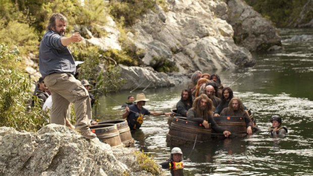 Peter Jackson, left, during the filming of <I>The Hobbit: The Desolation of Smaug</I>.