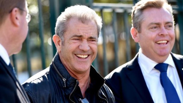 Shooting in Sydney: Mel Gibson with Deputy Premier and Arts Minister Troy Grant (left) and Industry, Resources and Energy Minister Anthony Roberts at the Fox Studios announcement. 