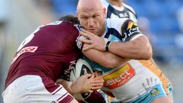 Luke Bailey takes on the Manly defence.
