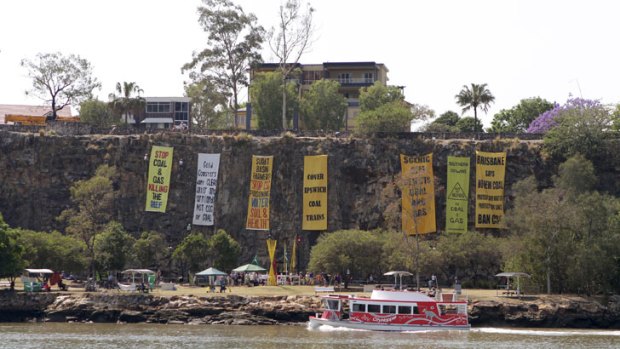 Six 10m banners from different regions in south-east Queensland were dropped at Kangaroo Point Cliffs, Brisbane, as part of Lock the Gate's National Week of Action against coal and coal seam gas on Saturday, Oct. 20.
