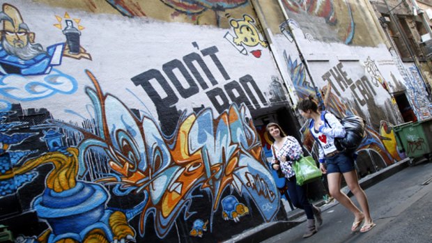 Blair Robertson (left) and her friend Kim Frank in front of the street art in Caledonian Lane.