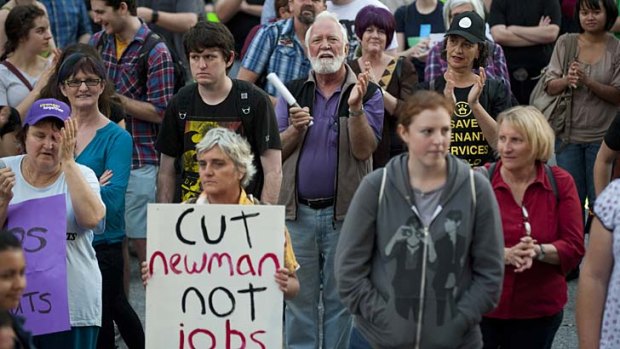 Workers protest the Newman Government's job cuts and changes to staff working conditions.