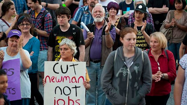 Workers protest the Newman Government's job cuts and changes to staff working conditions.