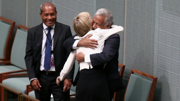Foreign Affairs Minister Julie Bishop embraces Xanana Gusmao, the former prime minister of East Timor, in Parliament House on Monday. 