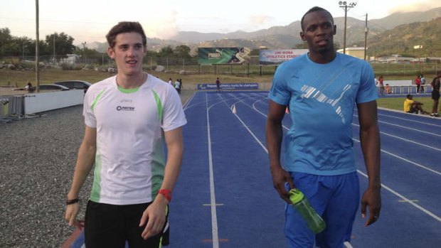 Jarrod Geddes and Usain Bolt training in Jamaica.