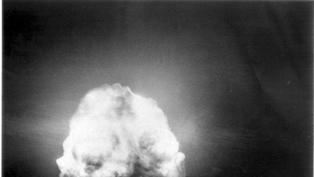 Telltale cloud: This July 16, 1945, image shows the first atomic bomb 12 seconds after explosion during the Trinity test in New Mexico. 