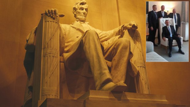 The Lincoln Memorial in Washington; Mr Abbott tries out his new chair (inset).