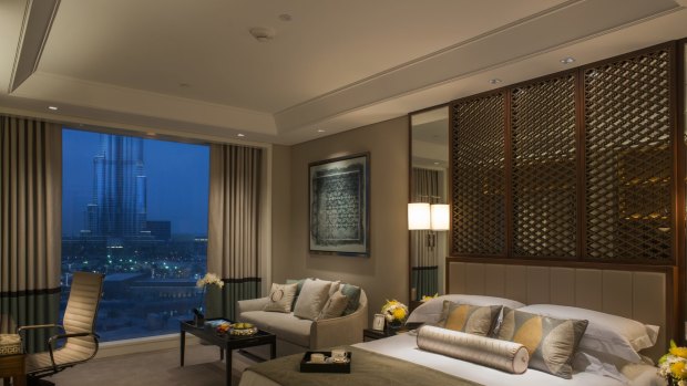 One of the rooms at the Taj Dubai hotel, looking out to the Burj Khalifa.