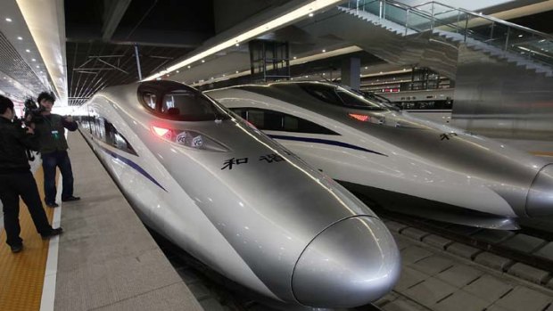 Bullet trains on a high-speed rail line in China.