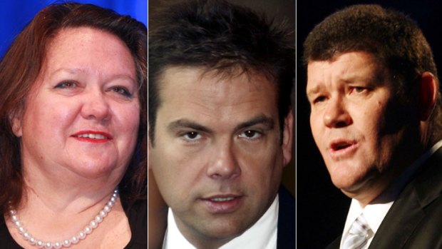Gloomy day for moguls ... from left; Gina Rinehart, Lachlan Murdoch and James Packer.