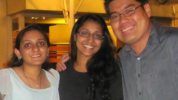 Meena Narayanan with friends Nishita Dhulia (left) and Paul Louis Liew (right).