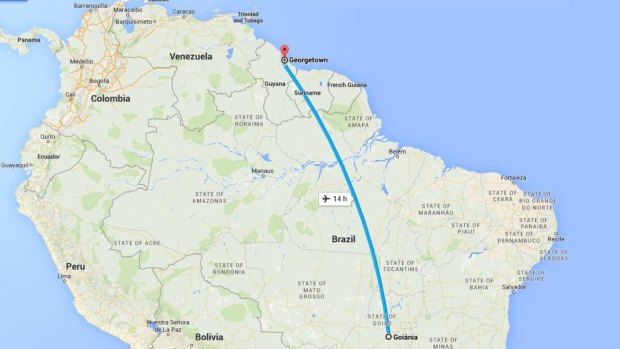 Georgetown, Guyana is approximately 14 hours by plane from Goiania, in Brazil.
