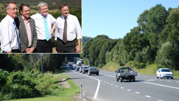 Inspecting the site of the planned Bruce Highway upgrade were (from left) Federal Treasurer Wayne Swan, paramedic Wayne Sachs, Prime Minister Kevin Rudd and Infrastructure Minister Anthony Albanese.