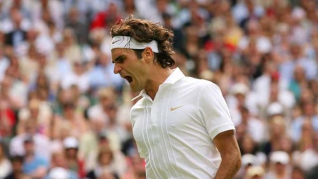 Defending champion Roger Federer lets his emotions show after his great escape against Colombia's Alejandro Falla in the Swiss' Wimbledon opener.