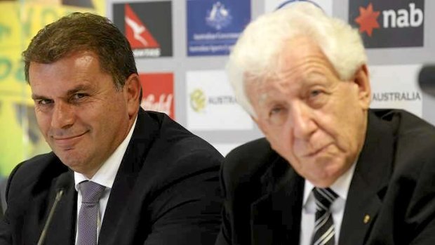 Winning combination: FFA chairman Frank Lowy (right) with new Socceroos coach Ange Postecoglou.