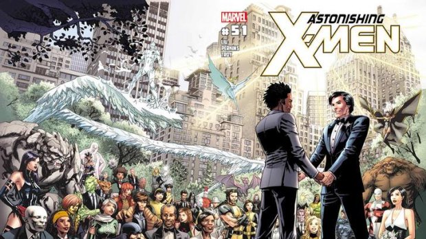 Artwork from the cover of Marvel Comics "Astonishing X-Men #51" in which Jean-Paul Beaubier, will marry longtime boyfriend Kyle Jinadu.