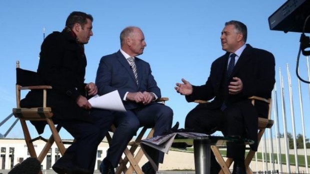 Sales pitch: Joe Hockey sits down for a breakfast television interview with Karl Stefanovic (left) and Ross Greenwood of Channel Nine on Wednesday morning.