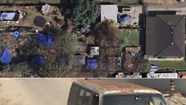Images taken from Google Maps showing Phillip Garrido's backyard prison and, bottom, his rusty old van.