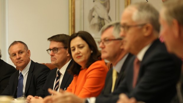 Scene set for a tense meeting. Prime Minister Malcolm Turnbull speaks with premiers at Friday's COAG meeting. The premiers are angry with the federal government over its flip flopping on climate policy.