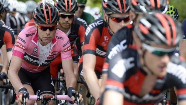 Pink jersey Cadel Evans in the peloton during the 9th stage of the Giro d'Italia on Sunday.