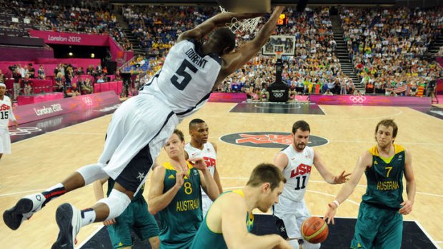 US forward Kevin Durant  slams a dunk during the men's quarter-final vs Australia at the London Olympics.