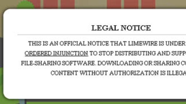 The legal notice as displayed on the LimeWire website.