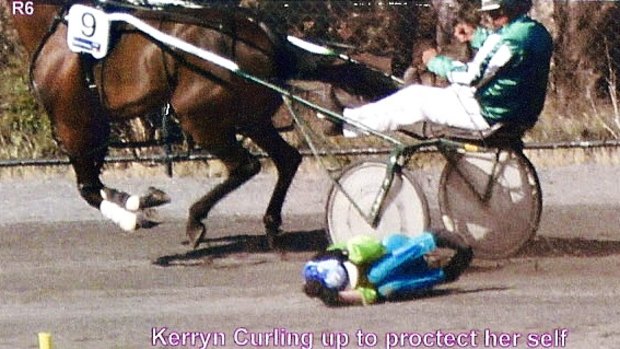 The world's top female racing harness driver Kerryn Manning in emergency position during a recent fall.
