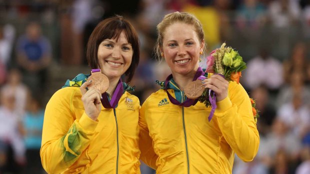 Kaarle McCulloch, pictured with Anna Meares after winning bronze.