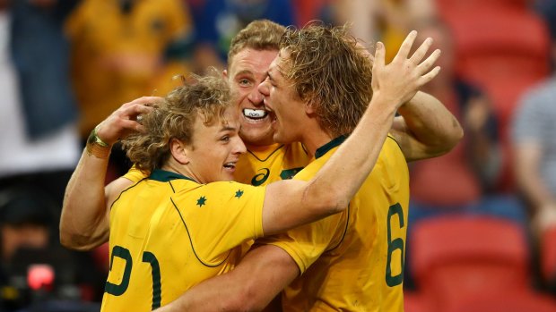 Relief: Reece Hodge celebrates his last minute try against Italy.