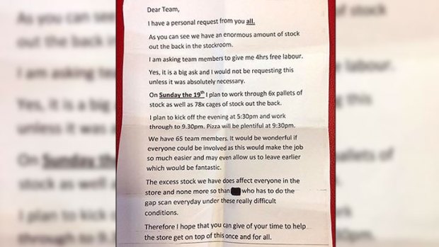 No pay, but pizza: The note posted at a WA Coles store.