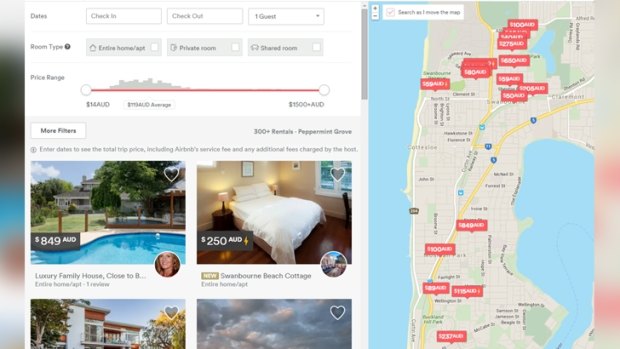 An Airbnb map shows the Peppermint Grove property available for $849 - surrounded by available properties in the nearby suburb of Mosman Park, which is governed by a different council.