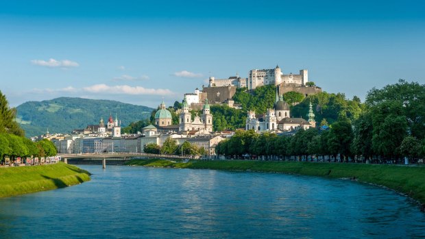 View of Salzburg from the river Salzach.