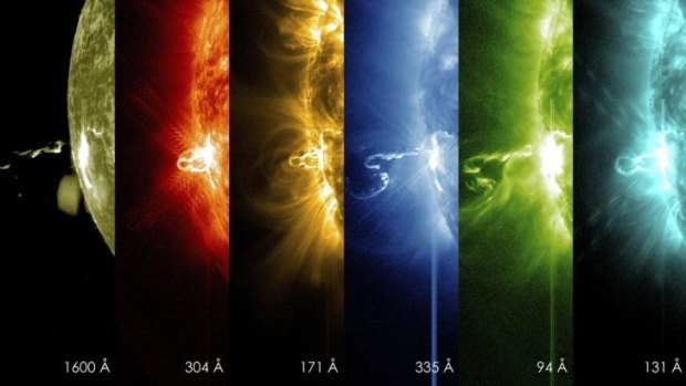 A series of images from NASA's Solar Dynamics Observatory show the first moments of an X-class significant solar flare in different wavelengths of light. Flares are often related to coronal mass ejections.