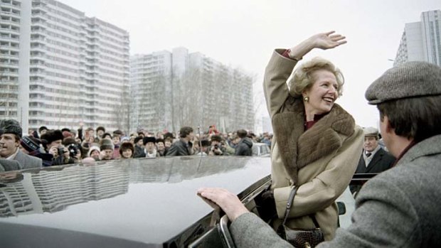 Margaret Thatcher greeting curious Moscovites