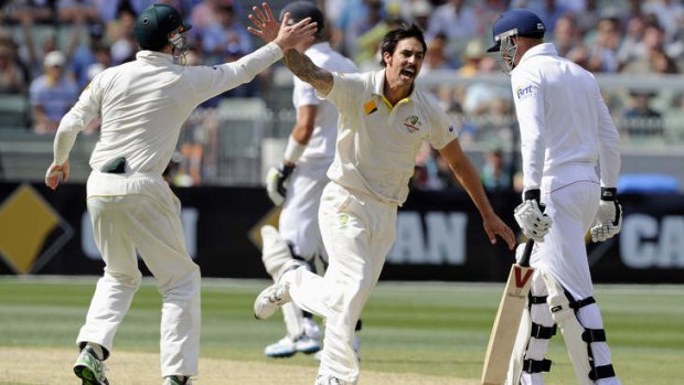 Raw hostility: Mitchell Johnson reacts after dismissing Jonny Bairstow in the fourth Test at the MCG.