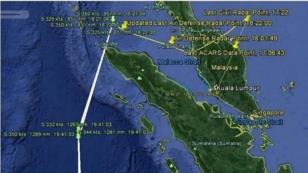 The flight path MH370 of the aircraft, according to radar and satellite data.