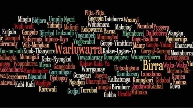 A word cloud showing the names of indigenous languages. Queenslanders are being enouraged to say g'day in an indigenous language during NAIDOC week.